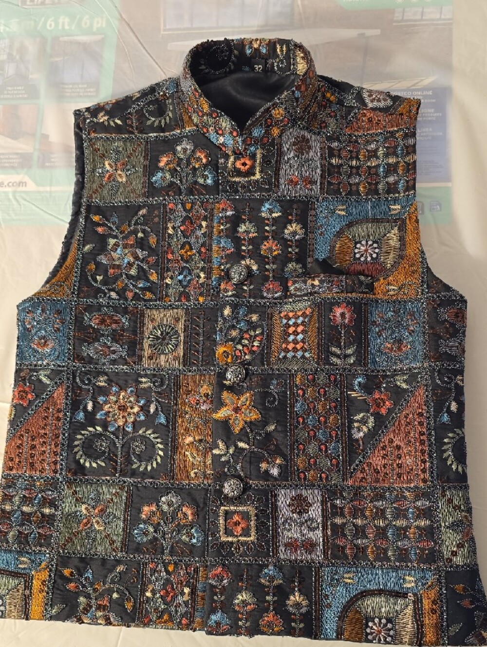 Men's Navy Blue Patchwork Nehru Jacket - Embroidered Festive Vest - Picture 2 of 14